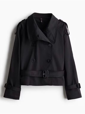H&M Black Cropped Double-Breasted Trench Jacket